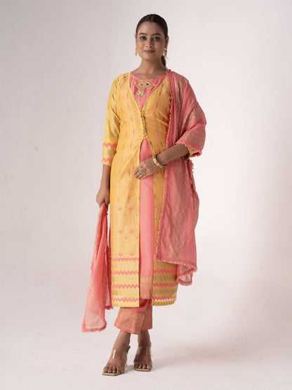 Rajwada Peach And Yellow Art Silk Printed And Embroidered Semi-Stitched Kurta Set For Women