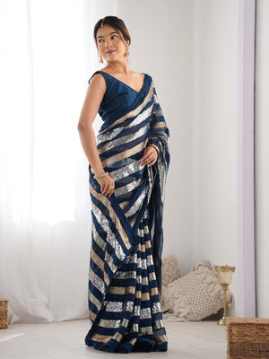 Rajwada Dark Blue Georgette Sequins Saree With Unstitched Blouse For Women