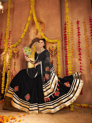 Rajwada Black Viscose Rayon Rabari Work Semi-Stitched lehenga With Stunning Tassels For Women
