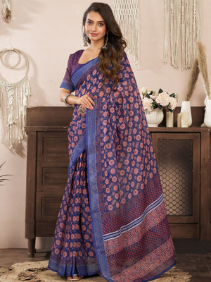 Rajwada Deep Purple Cotton Linen Zari Work Saree For Women