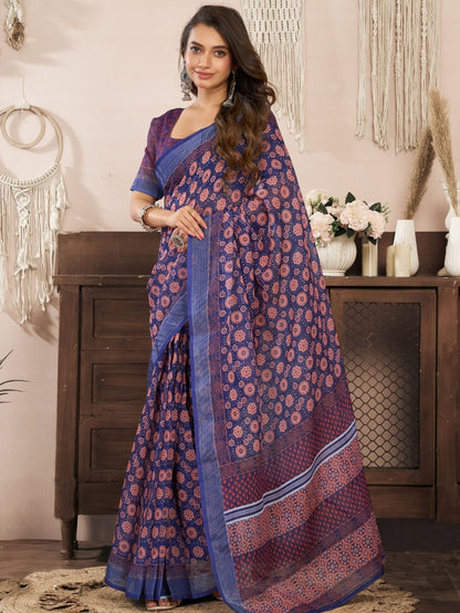 Rajwada Deep Purple Cotton Linen Zari Work Saree For Women