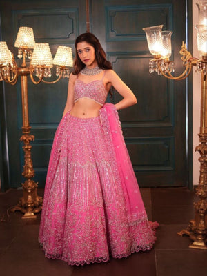 Rajwada Light Pink Net Embellished Semi Stitched Lehenga For Women