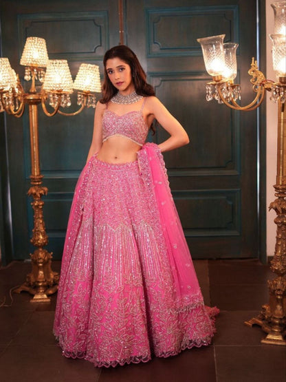 Rajwada Light Pink Net Embellished Semi Stitched Lehenga For Women