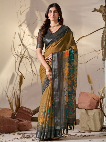 Rajwada Multicolor Linen Cotton Printed Saree For Women
