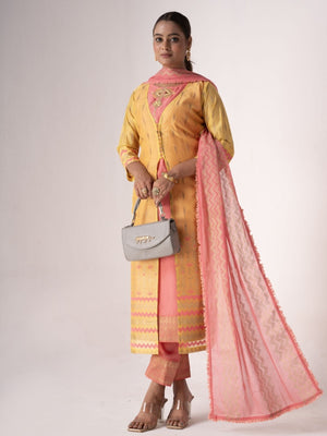 Rajwada Peach And Yellow Art Silk Printed And Embroidered Semi-Stitched Kurta Set For Women