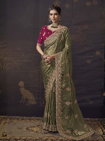 Rajwada Olive Green Satin Embroidered Saree For Women
