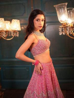 Rajwada Light Pink Net Embellished Semi Stitched Lehenga For Women