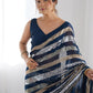 Rajwada Dark Blue Georgette Sequins Saree With Unstitched Blouse For Women