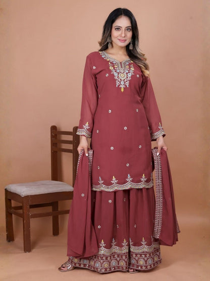 Rajwada Dusky Red Georgette Sequence Embroidery Stitched Kurta Set Women