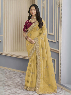 Rajwada Yellow Georgette Crush Embellished Elegant Saree For Women