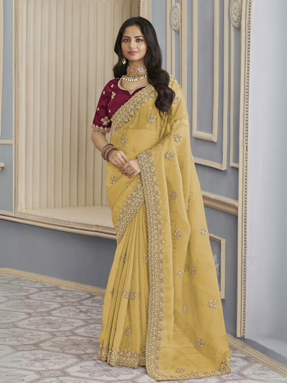 Rajwada Yellow Georgette Crush Embellished Elegant Saree For Women