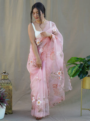 Rajwada Pink Organza Printed Saree With Unstitched Blouse For Women