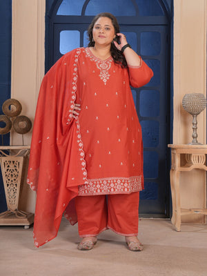 Rajwada Red Cotton Blend Embroidered Kurta Set For Women