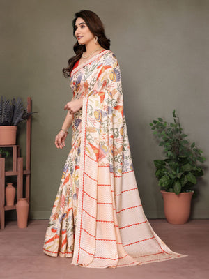 Rajwada Off White Khadi Printed Saree With Unstitched Blouse For Women