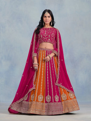 Rajwada Pink And Orange Georgette Embroidered Semi-Stitched lehenga For Women