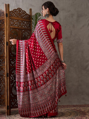 Rajwada Red Silk Blend Printed Elegant Saree For Women