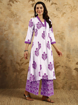 Rajwada Off White Cotton Blend Printed Stitched Kurta Set For Women