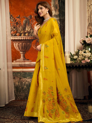 Rajwada Mustard Yellow Cotton Blend Solid Saree For Women