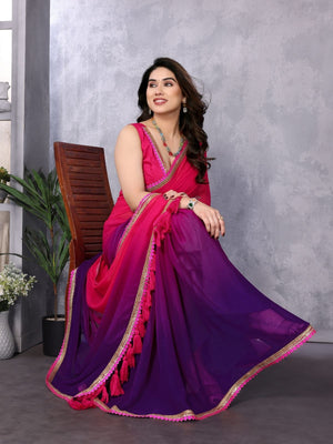 Rajwada Pink And Blue Georgette Lace Work Saree With Unstitched Blouse For Women