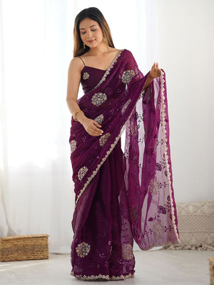 Rajwada Wine Chiffon Embroidered Elegant Saree For Women