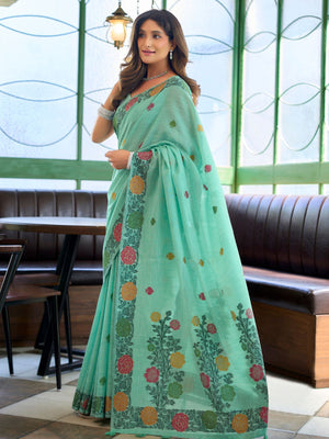 Rajwada Aqua Green Linen Blend Solid Saree For Women