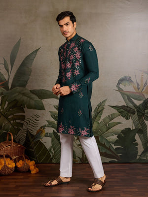 Rajwada Green Silk Blend Embroidered Stitched Kurta For Men