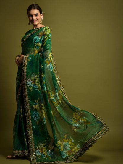 Rajwada Green Georgette Embroidered Printed Saree For Women