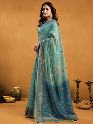 Rajwada Aqua Blue Cotton Blend Solid Saree For Women