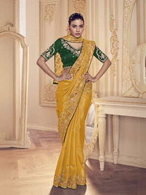 Rajwada Yellow Satin Embroidered Elegant Saree For Women