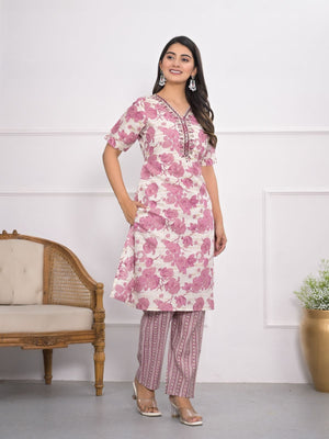 Rajwada Off White And Pink Chanderi Embroidered And Printed Stitched Kurta Set Without Dupatta For Women
