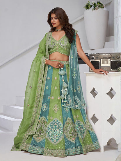 Rajwada Green Georgette Tissue Embroidered Semi-Stitched Lehenga For Women