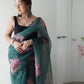Rajwada Dark Green Organza Printed Saree With Unstitched Blouse For Women