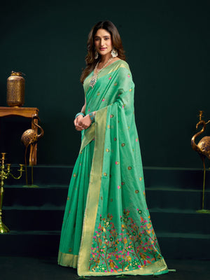Rajwada Turquoise green Cotton Blend Printed Saree For Women