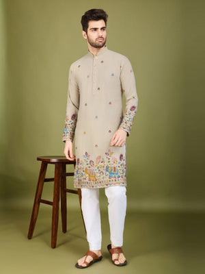 Rajwada Beige Cotton Embroidered Stitched Kurta For Men