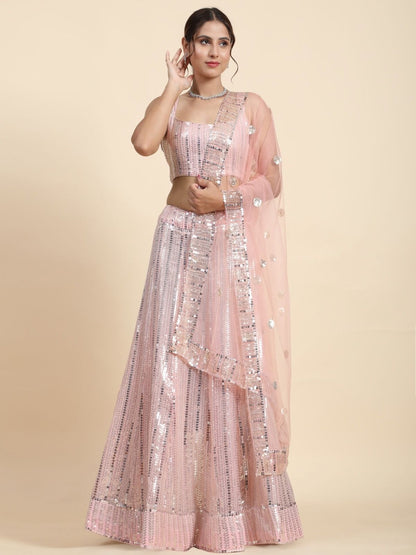 Rajwada Baby Pink Georgette Embellished Semi-Stitched Lehenga For Women