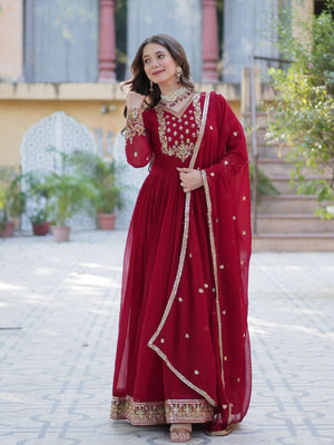 Rajwada Maroon Georgette Embroidered Stitched Gown With Dupatta For Women