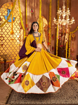 Rajwada Multicolor Viscose Cotton Embroidered Semi-Stitched lehenga With Patch Work And Stunning Tassels For Women