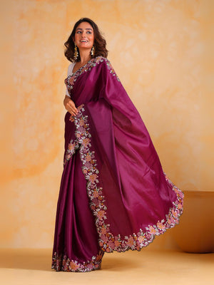 Rajwada Wine Silk Blend Embroidered Saree With Unstitched Blouse For Women