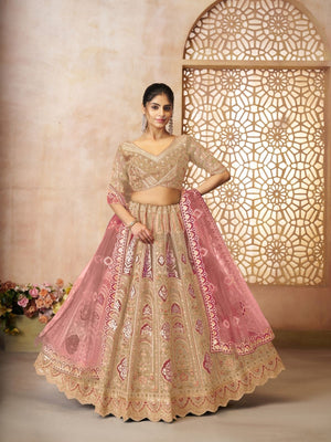 Rajwada Beige Banarasi Silk Embroidered Semi-Stitched Lehenga For Women