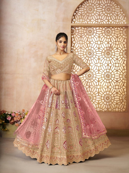 Rajwada Beige Banarasi Silk Embroidered Semi-Stitched Lehenga For Women