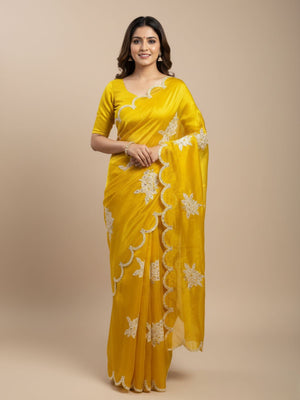 Rajwada Yellow Organza Embroidered And Cutwork Solid Saree For Women