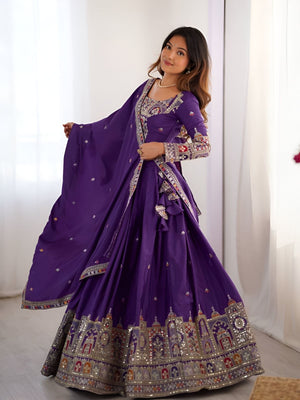 Rajwada Purple Silk Blend Embroidered Semi-Stitched lehenga For Women
