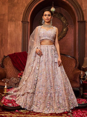Rajwada Light Lavender Georgette Embroidered Semi Stitched Lehenga For Women