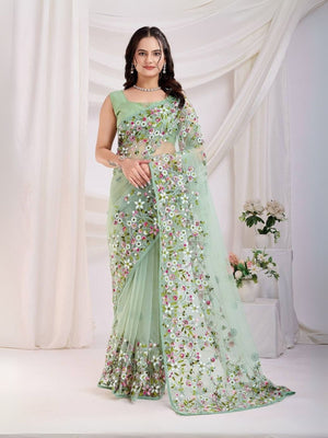 Rajwada Sea Green Net Embroidered Elegant Saree For Women