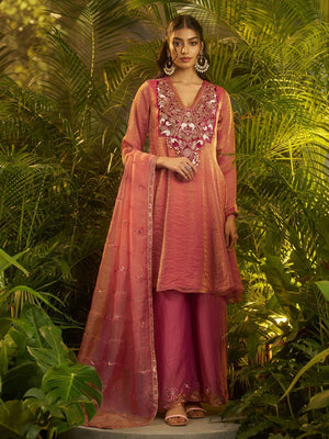 Rajwada Mauve Organza Embellished Kurta Set For Women