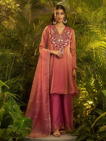Rajwada Mauve Organza Embellished Kurta Set For Women
