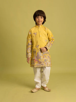Rajwada Yellow Viscose Silk Embroidered Kurta Set For Kids