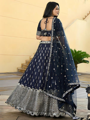 Rajwada Navy Blue Dola Silk Embellished Semi-Stitched Lehenga For Women
