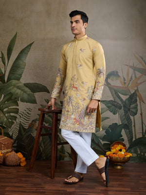 Rajwada Yellow Viscose Silk Embroidered Stitched Kurta For Men