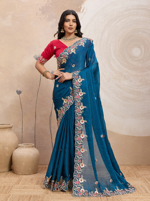 Rajwada Teal Blue Chiffon Embroidered Saree For Women